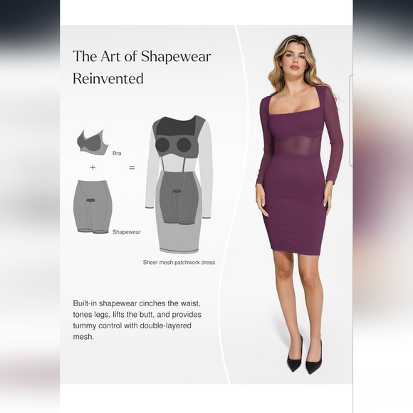 NWT Popilush Purple Longsleeve Mesh Bodycon Shapewear Dress Size Large - Picture 3 of 10